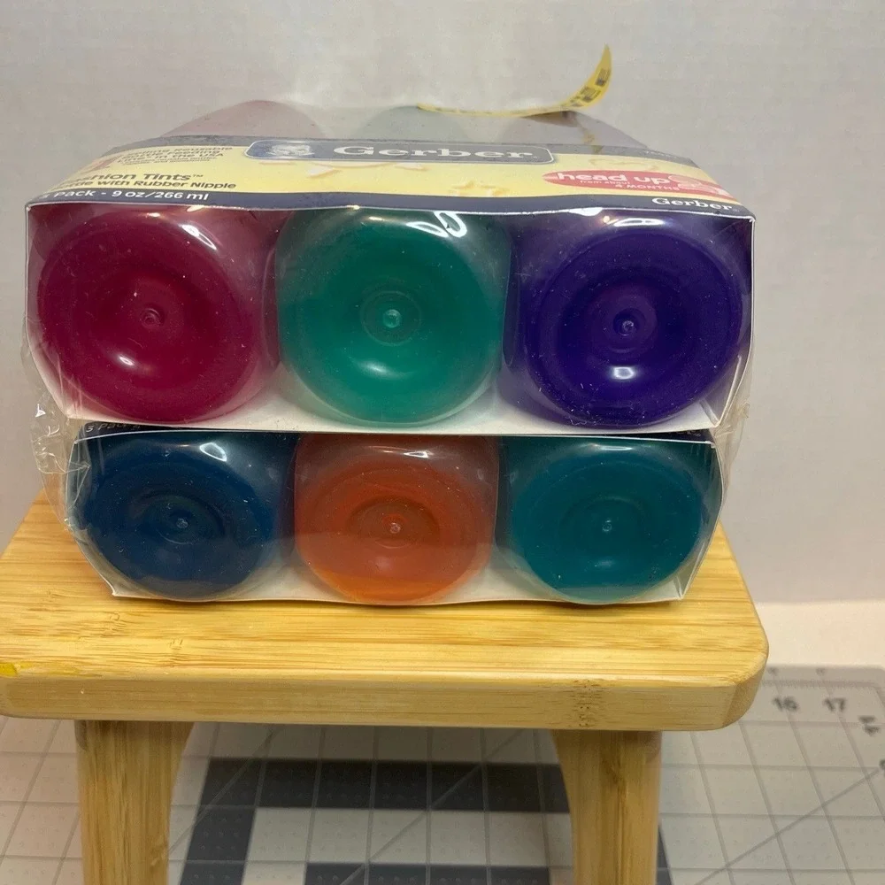 VTG Gerber HEAD UP Fashion Tints Bottle Rubber Nipple 9 Oz Blue Orange Green New